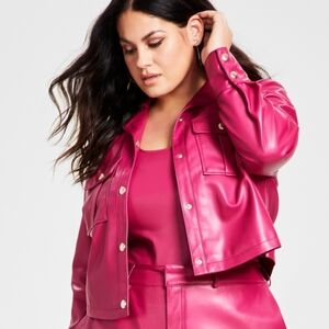 Nina Parker Plus Size Pleather  utility jacket Chest-Pocket Sangria